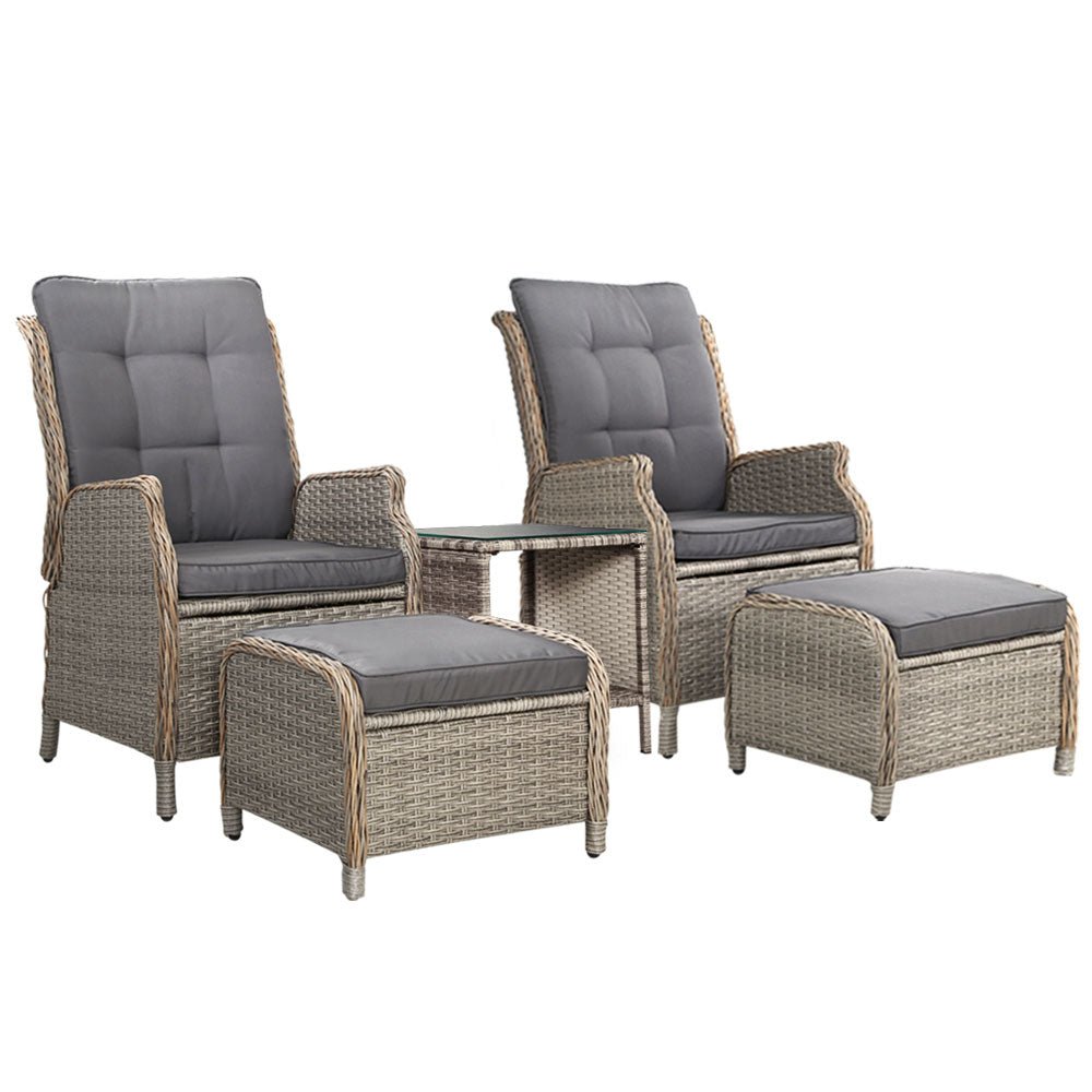Gardeon 5PC Recliner Chairs Table Sun lounge Wicker Outdoor Furniture Adjustable Grey - OZ Home Deals