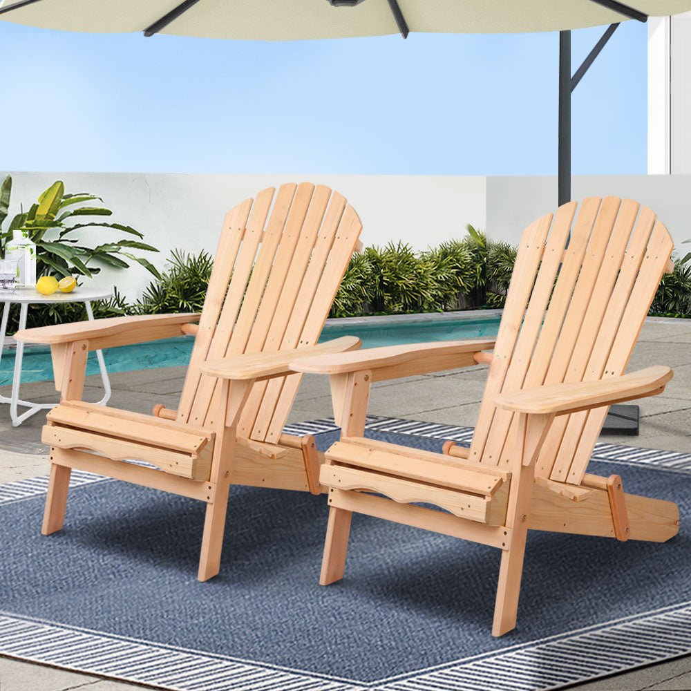 Gardeon Adirondack Outdoor Chairs Wooden Beach Chair Patio Furniture Garden Natural Set of 2 - OZ Home Deals