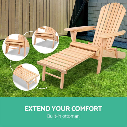Gardeon Adirondack Outdoor Chairs Wooden Sun Lounge Patio Furniture Garden Natural - OZ Home Deals