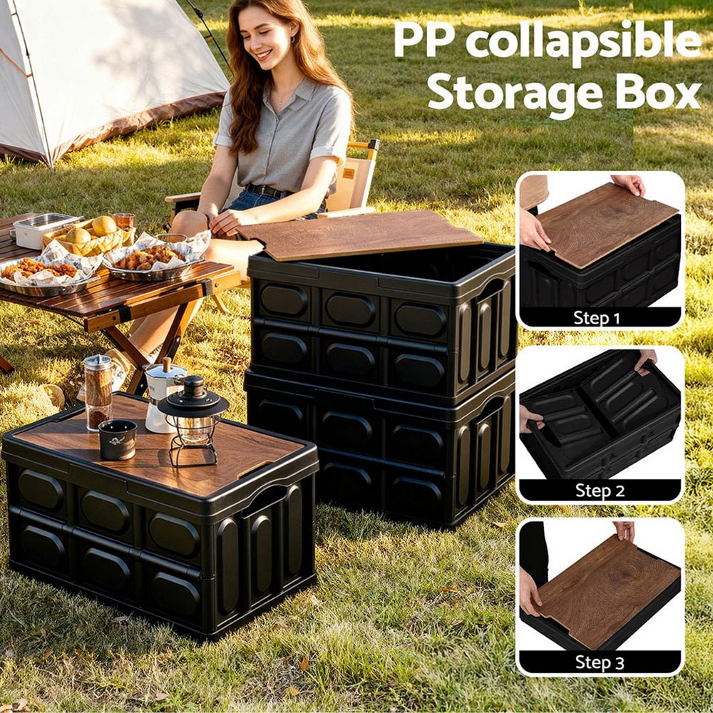 Gardeon Collapsible Outdoor Storage Box 50L Stackable Folding Camping Organizer Plywood Lid Black - OZ Home Deals