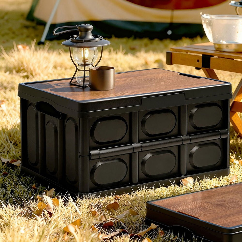 Gardeon Collapsible Outdoor Storage Box 50L Stackable Folding Camping Organizer Plywood Lid Black - OZ Home Deals