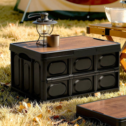 Gardeon Collapsible Outdoor Storage Box 50L Stackable Folding Camping Organizer Plywood Lid Black - OZ Home Deals