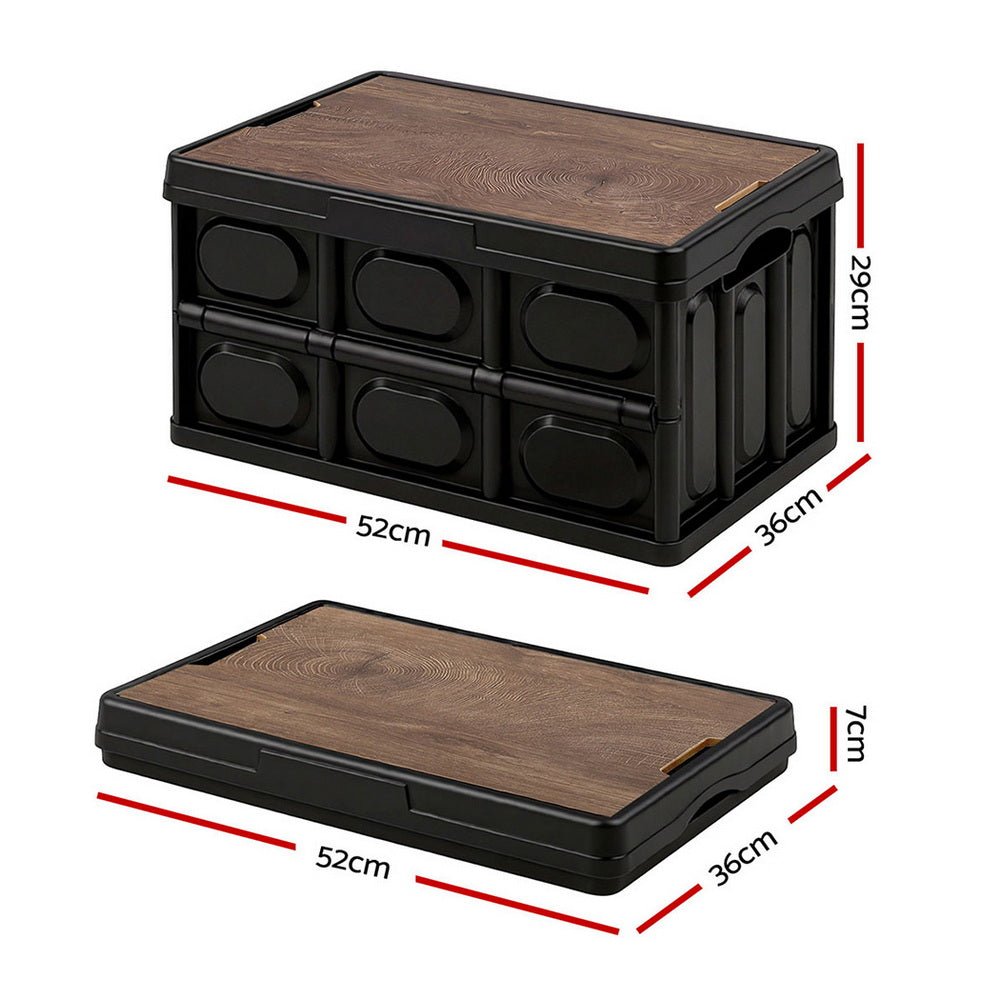 Gardeon Collapsible Outdoor Storage Box 50L Stackable Folding Camping Organizer Plywood Lid Black - OZ Home Deals
