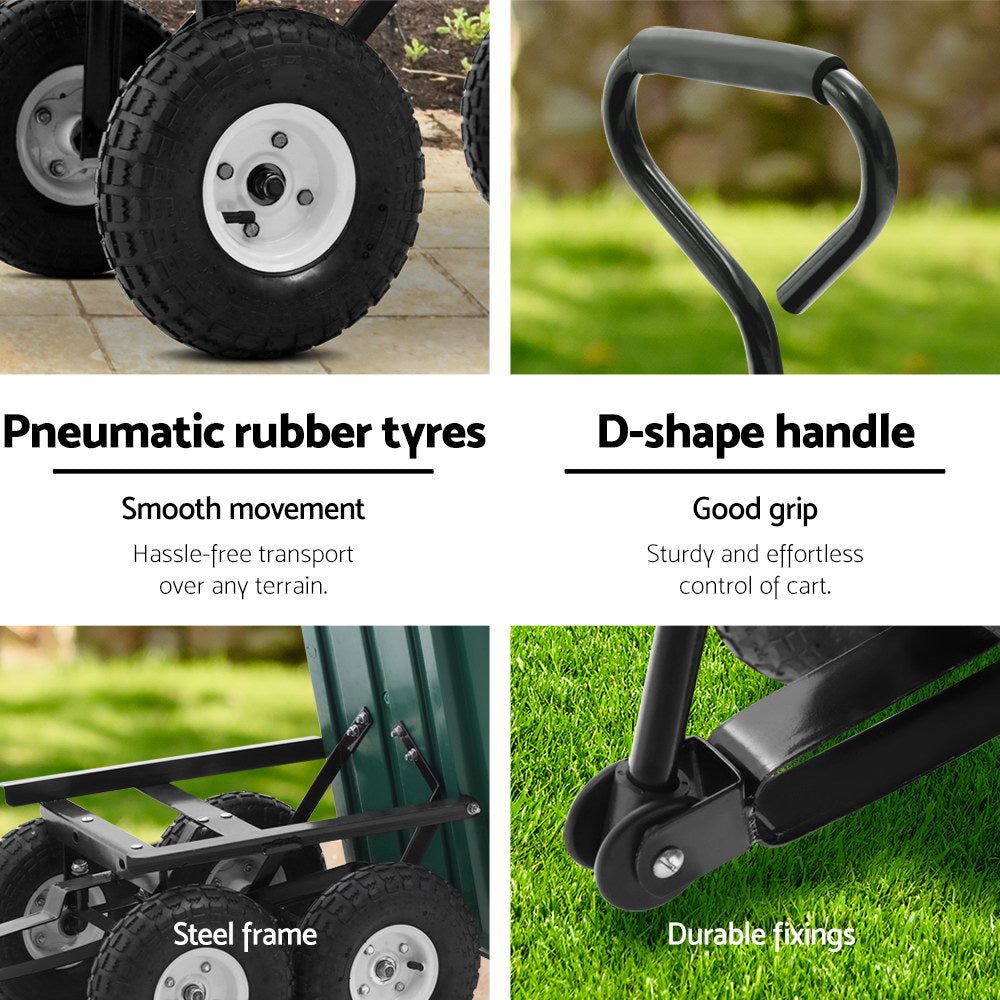 Green garden dump cart with pull handle and pneumatic tyres