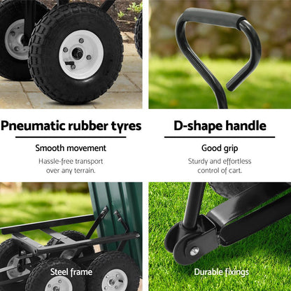 Green garden dump cart with pull handle and pneumatic tyres