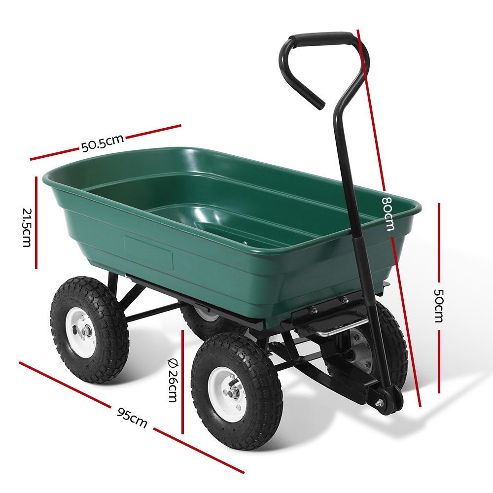 Green garden dump cart with pull handle and pneumatic tyres