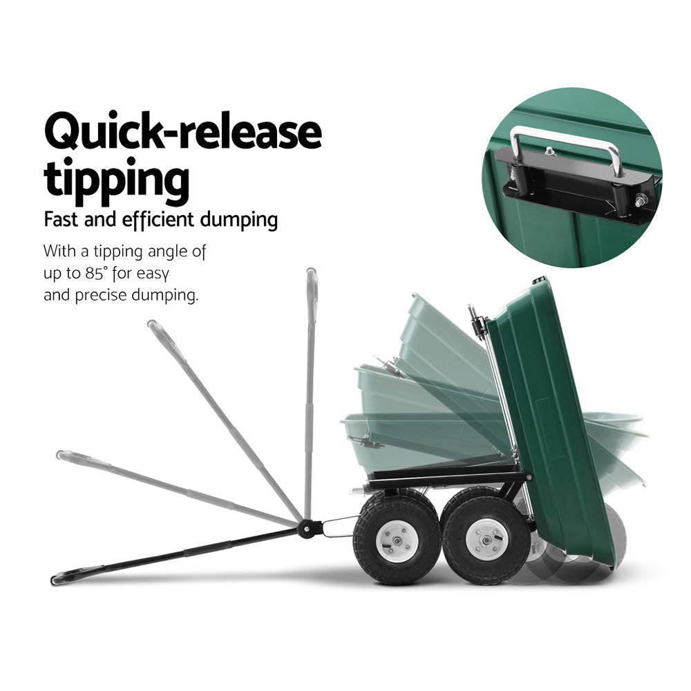 Green garden dump cart with pull handle and pneumatic tyres