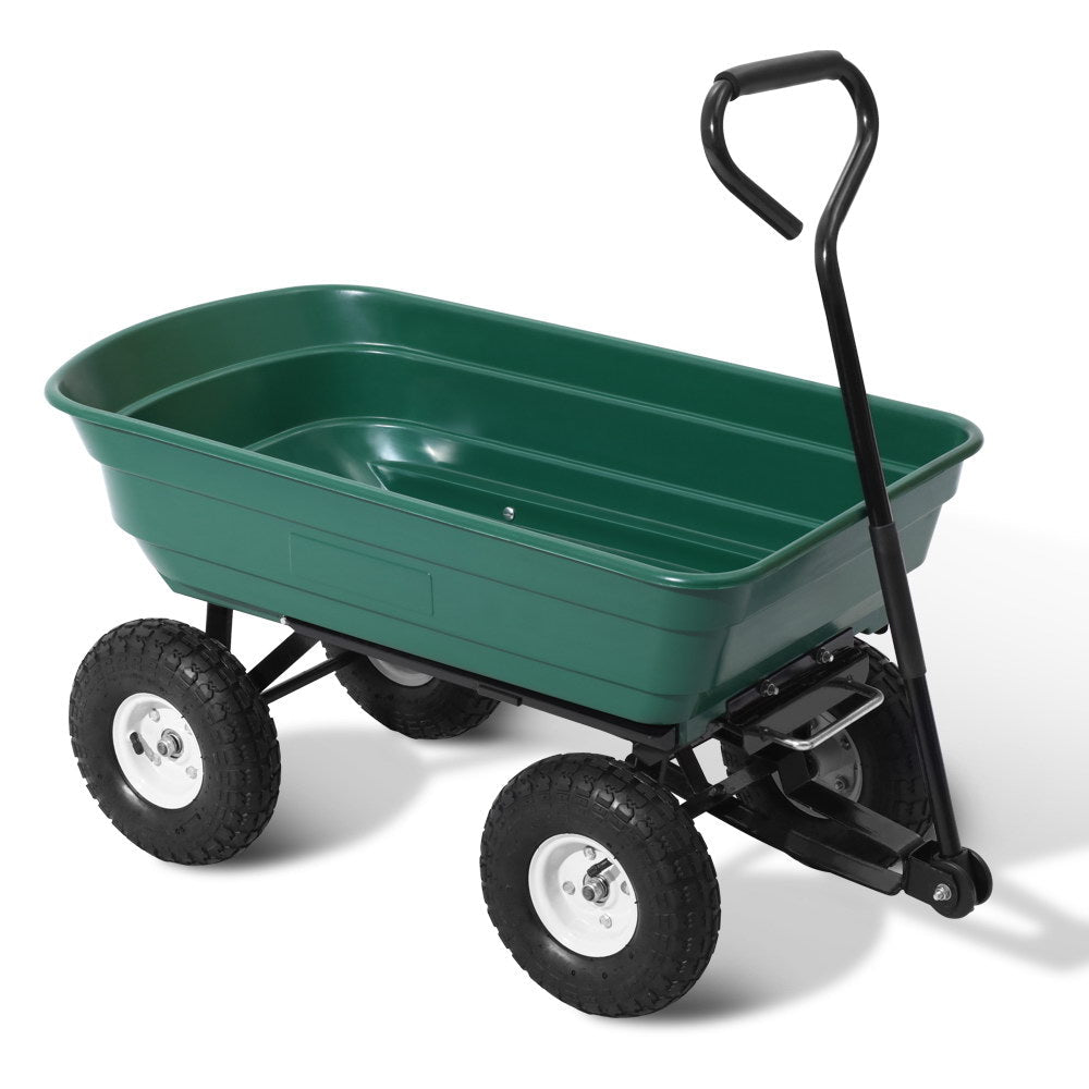 Green garden dump cart with pull handle and pneumatic tyres