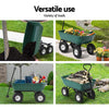 Green garden dump cart with pull handle and pneumatic tyres