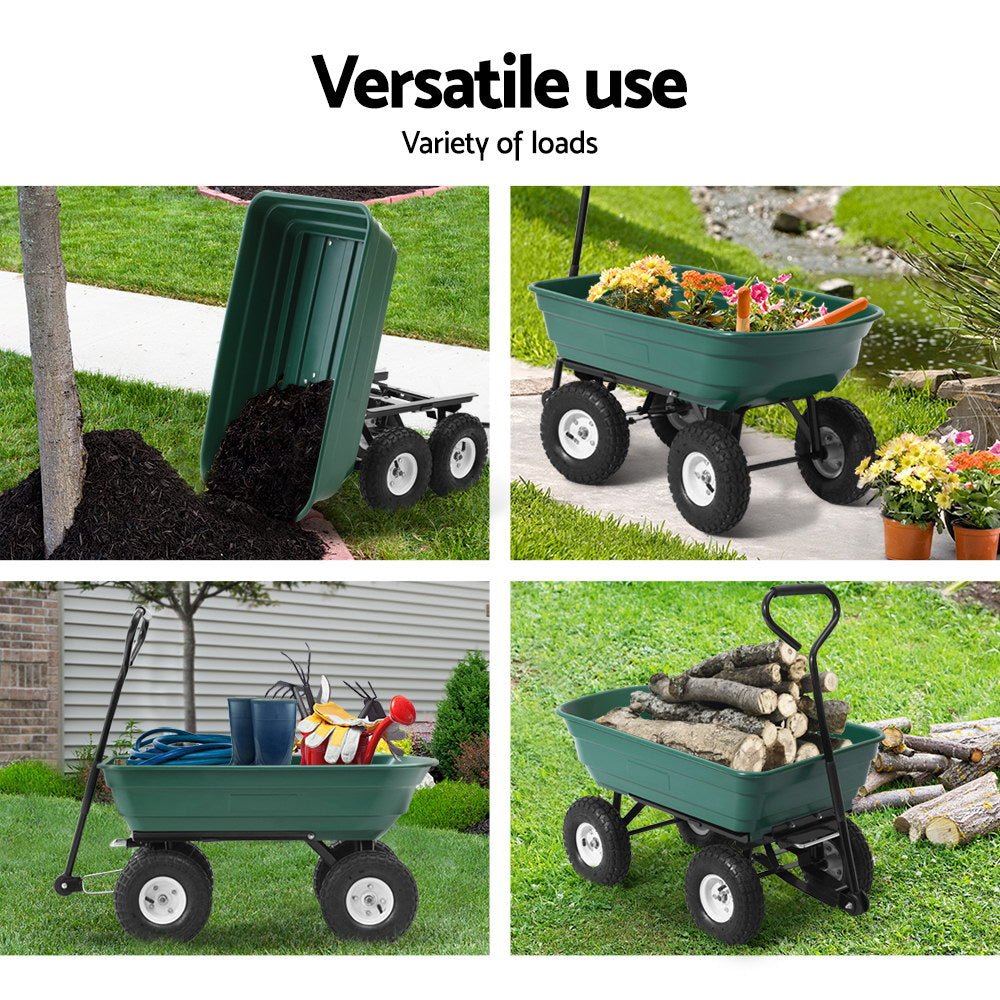 Green garden dump cart with pull handle and pneumatic tyres