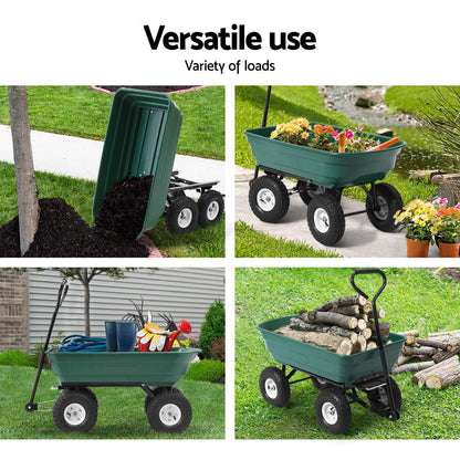 Green garden dump cart with pull handle and pneumatic tyres