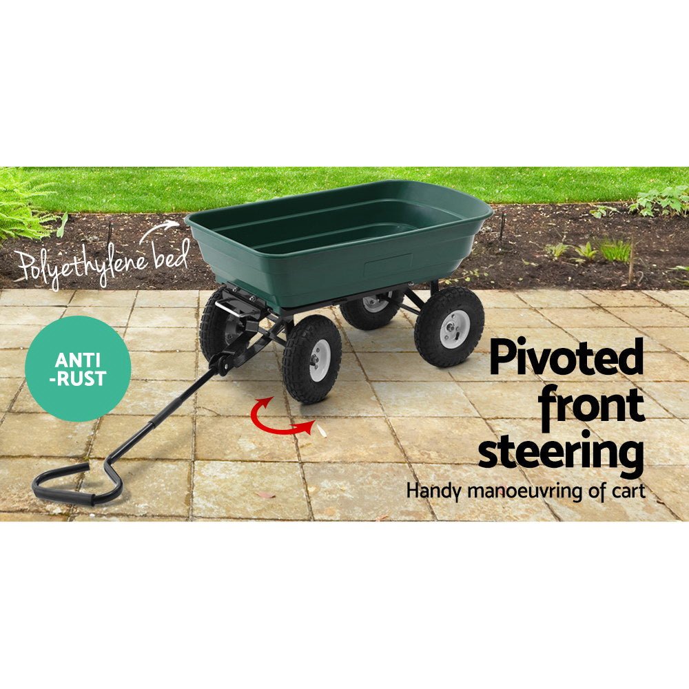 Green garden dump cart with pull handle and pneumatic tyres