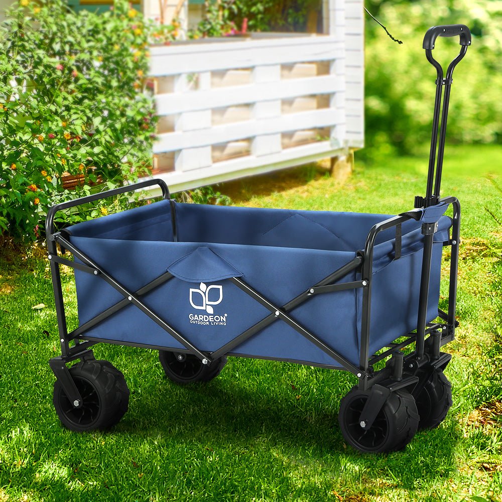 Navy folding garden trolley wagon with pull handle and fabric storage area