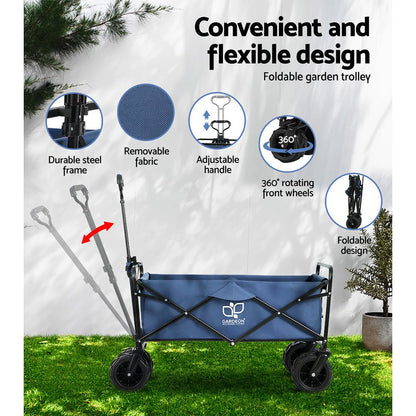 Navy folding garden trolley wagon with pull handle and fabric storage area