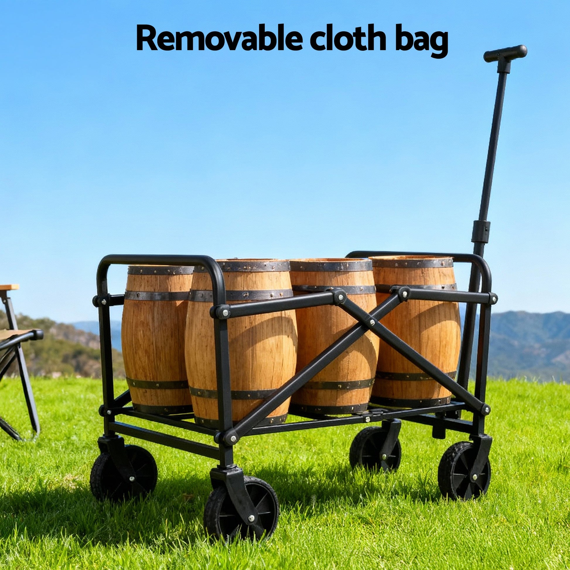 Beige folding garden trolley cart with pull handle and fabric carry bag