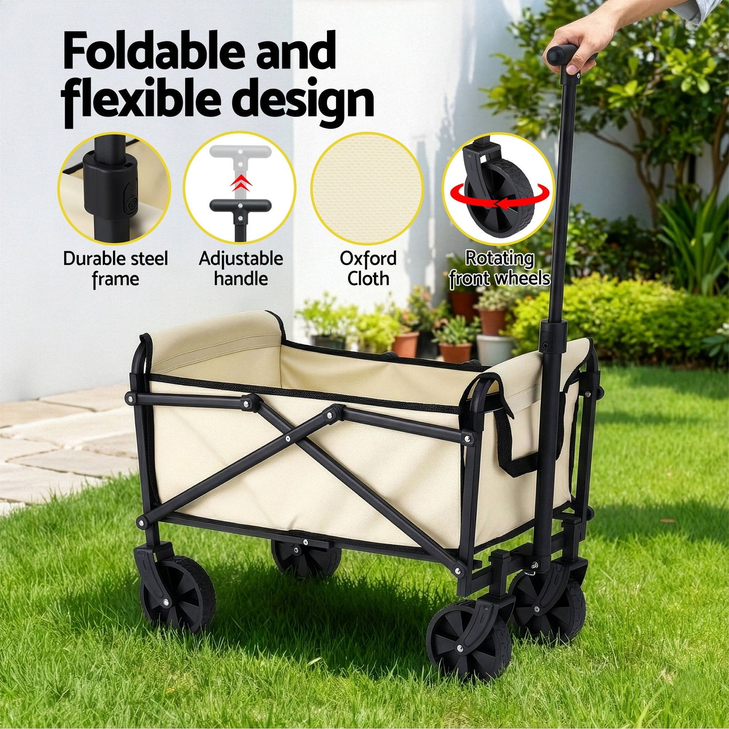 Beige folding garden trolley cart with pull handle and fabric carry bag