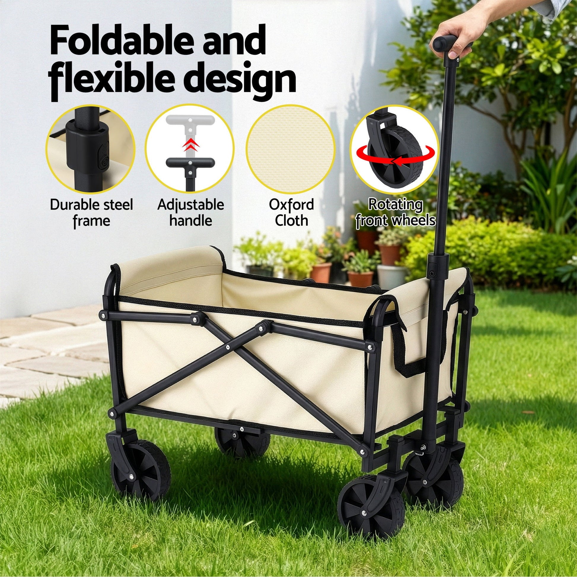 Beige folding garden trolley cart with pull handle and fabric carry bag