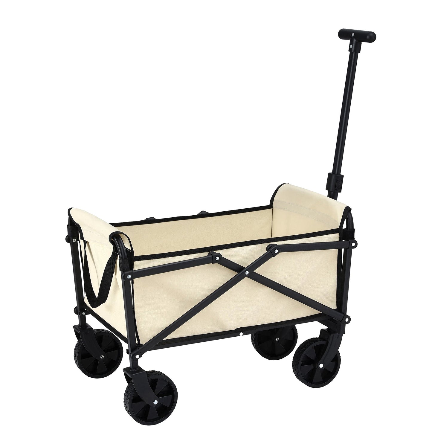 Beige folding garden trolley cart with pull handle and fabric carry bag