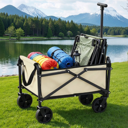 Beige folding garden trolley cart with pull handle and fabric carry bag