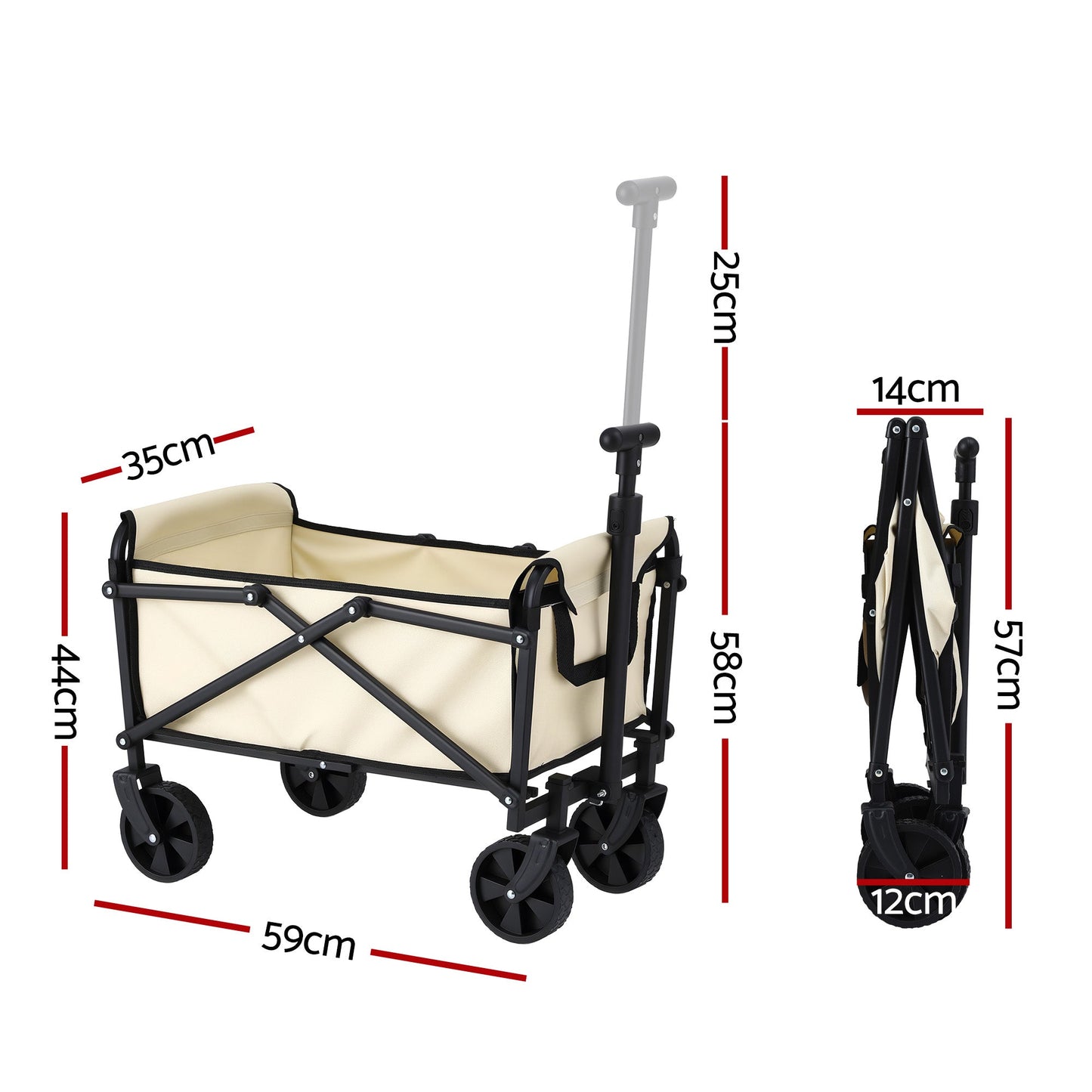 Beige folding garden trolley cart with pull handle and fabric carry bag