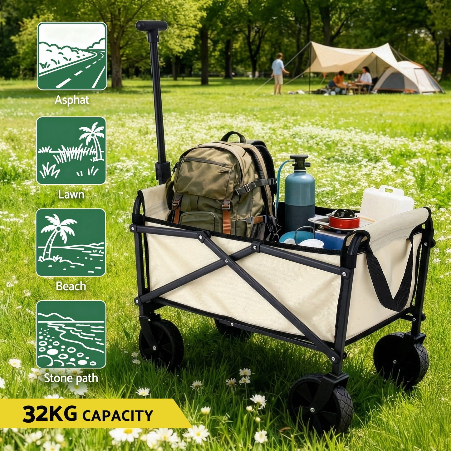 Beige folding garden trolley cart with pull handle and fabric carry bag