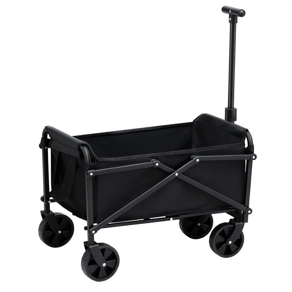 Black folding garden trolley cart with pull handle and fabric carry bag