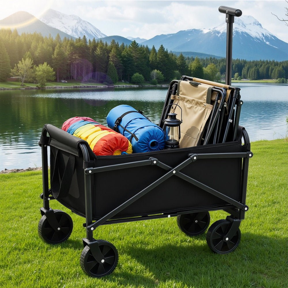 Black folding garden trolley cart with pull handle and fabric carry bag