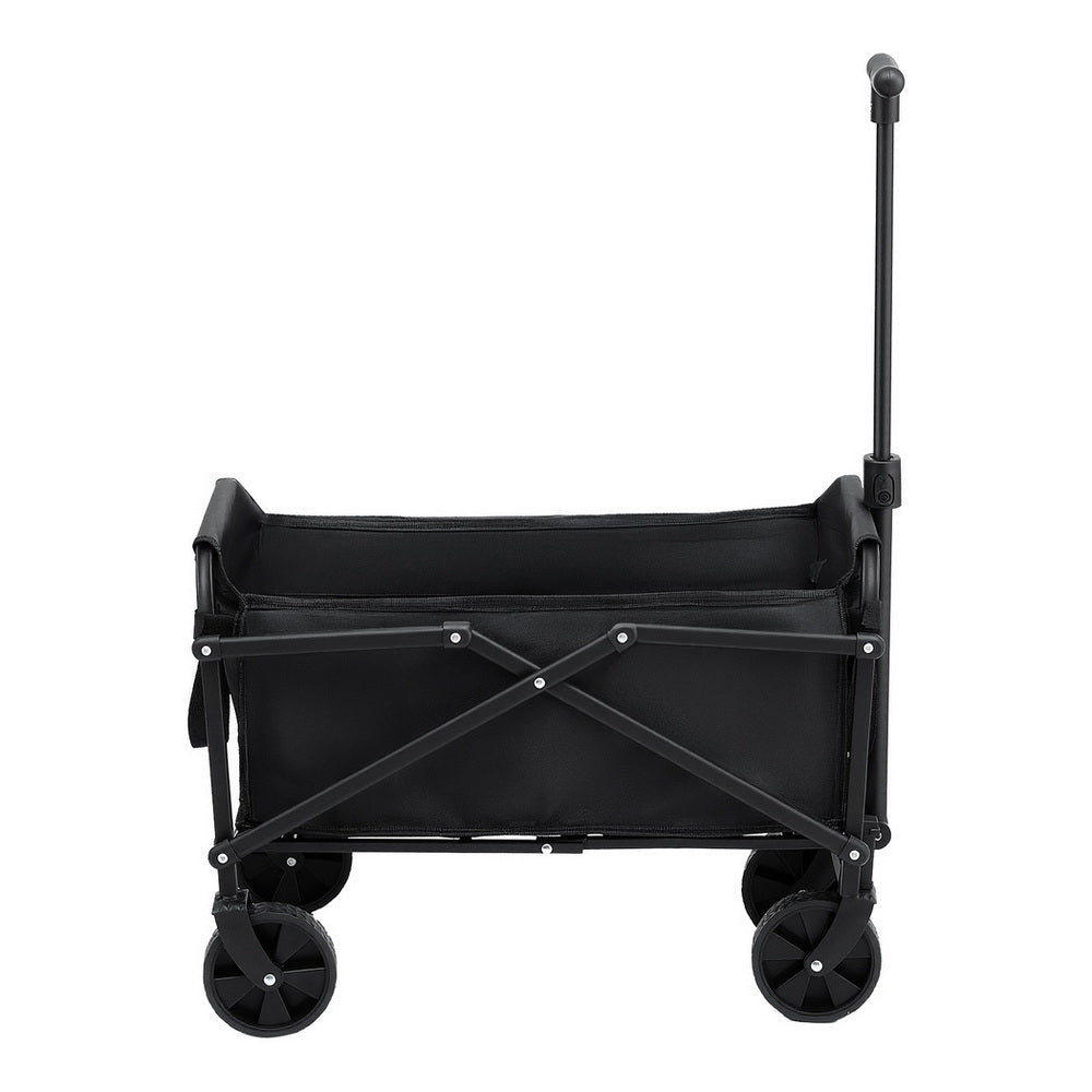 Black folding garden trolley cart with pull handle and fabric carry bag