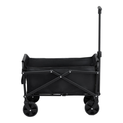 Black folding garden trolley cart with pull handle and fabric carry bag