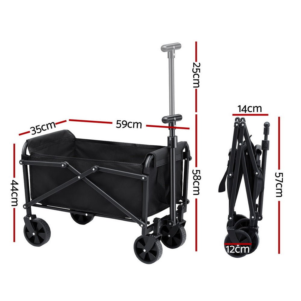 Black folding garden trolley cart with pull handle and fabric carry bag