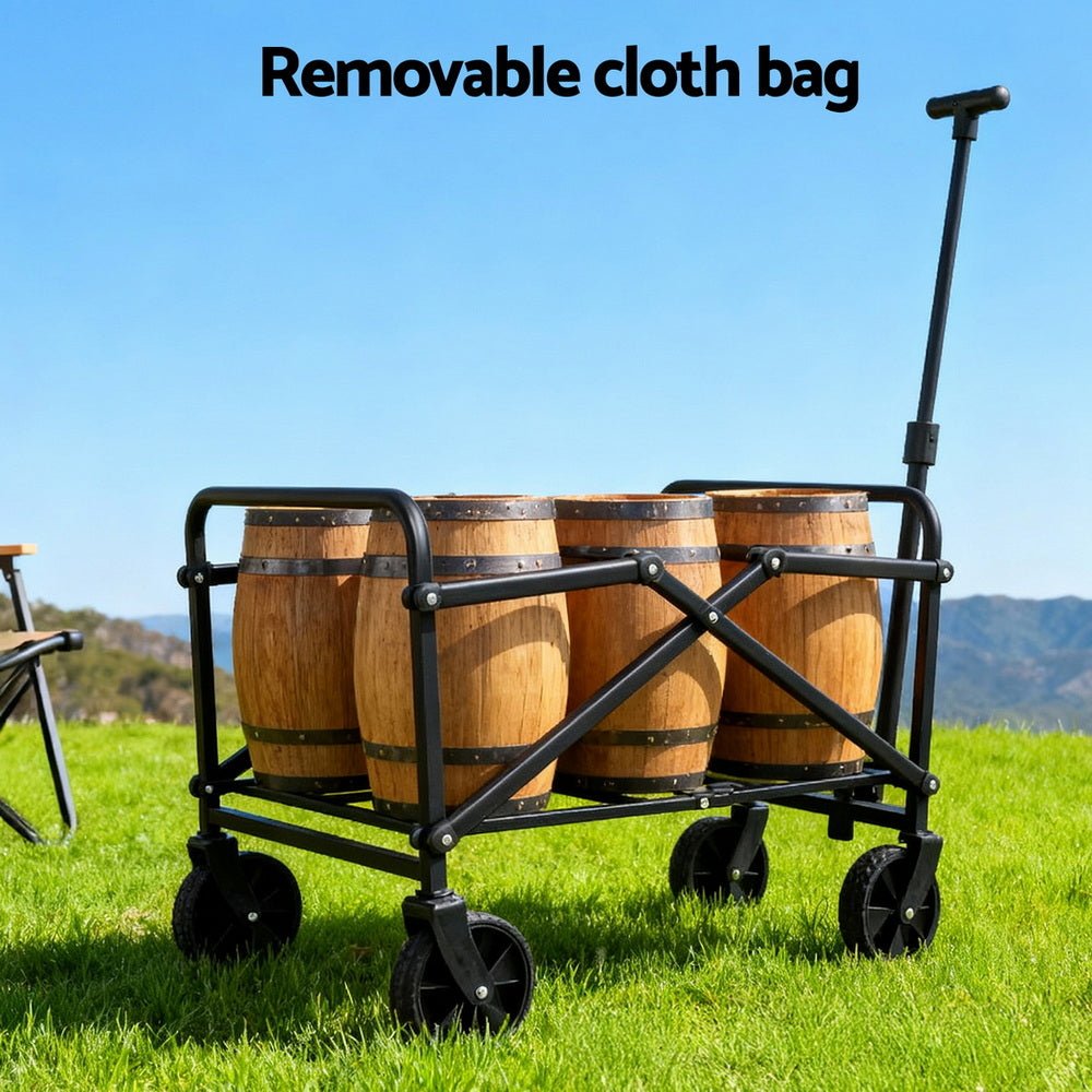 Black folding garden trolley cart with pull handle and fabric carry bag