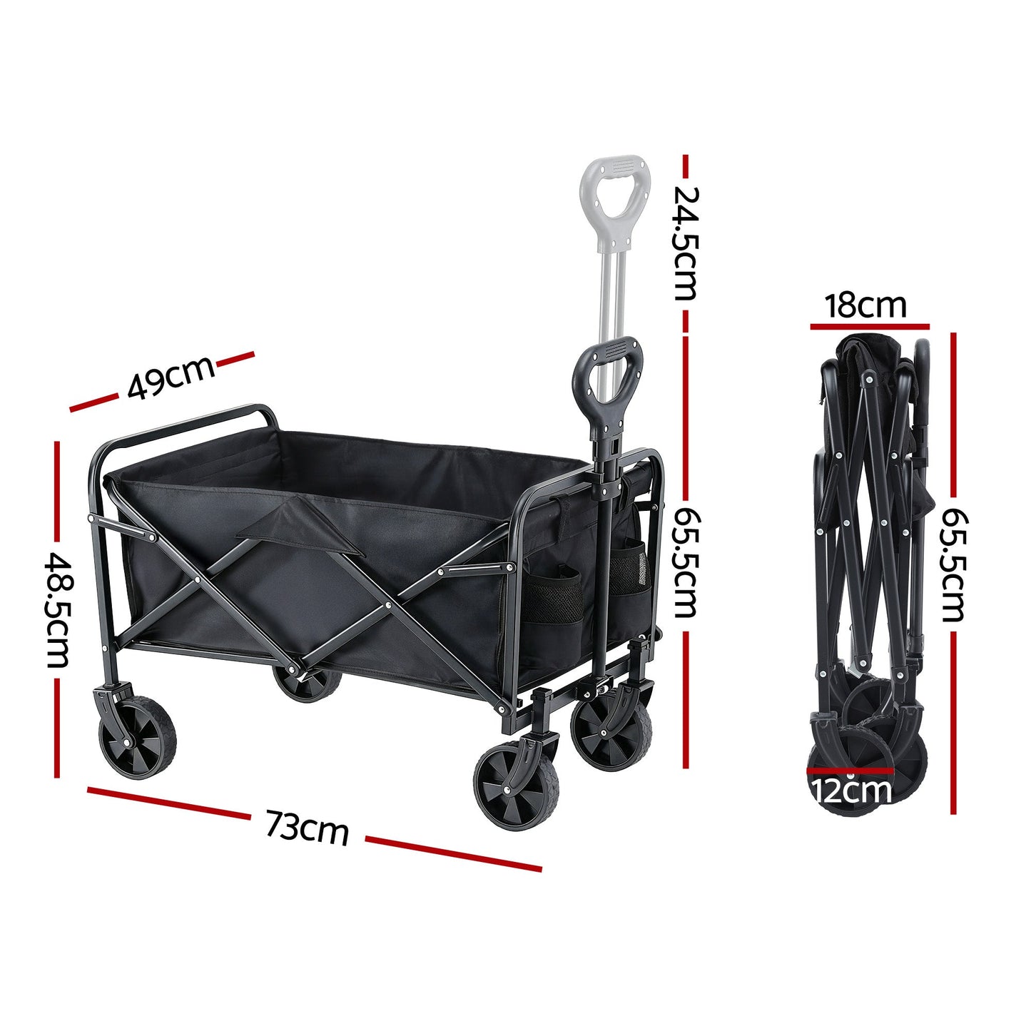 Black folding garden cart trolley with adjustable handle and fabric bag
