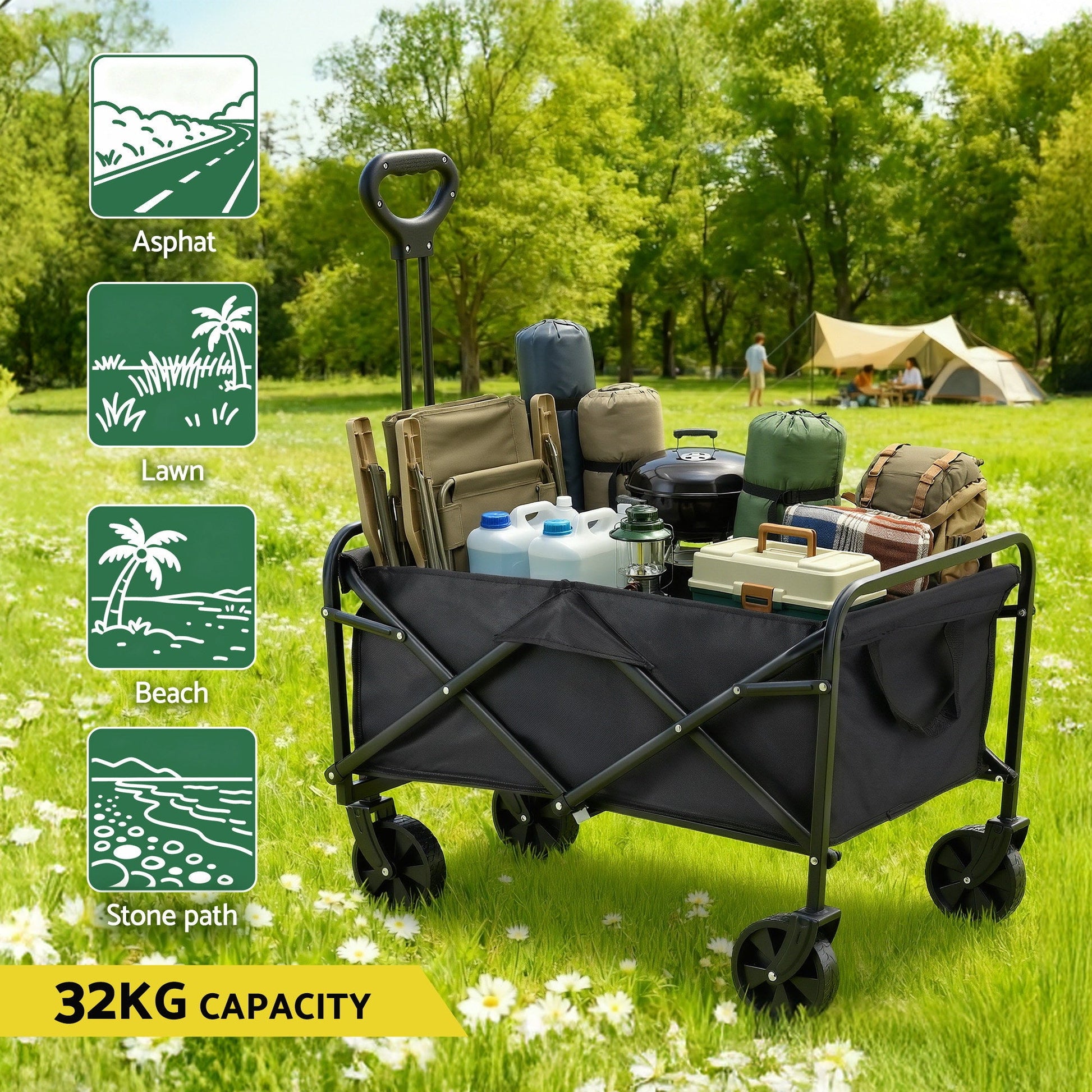 Black folding garden cart trolley with adjustable handle and fabric bag
