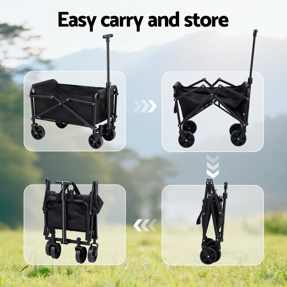 Black folding garden trolley cart with pull handle and fabric carry bag