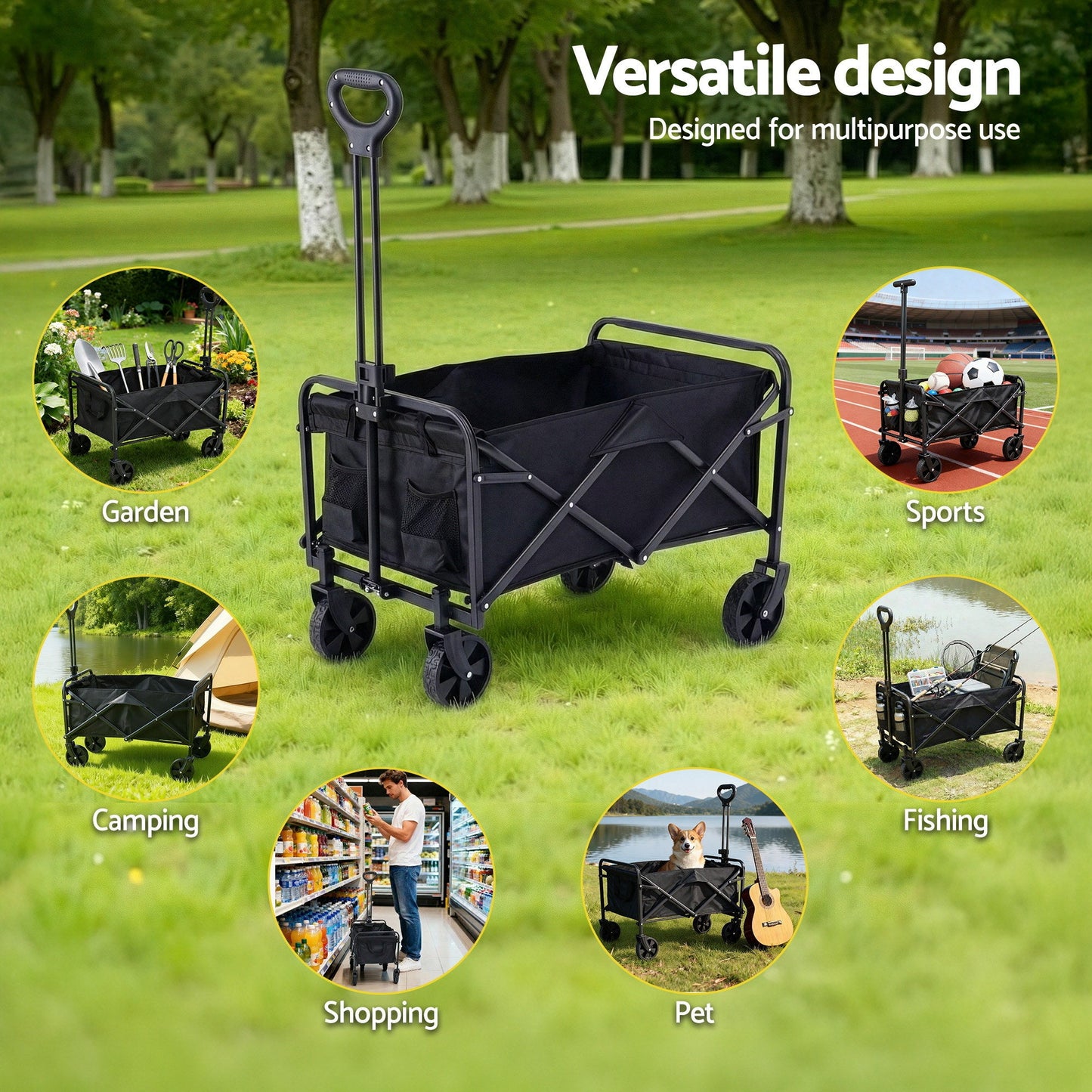 Black folding garden cart trolley with adjustable handle and fabric bag