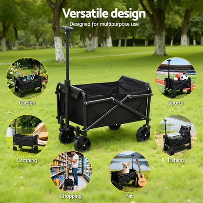 Black folding garden trolley cart with pull handle and fabric carry bag
