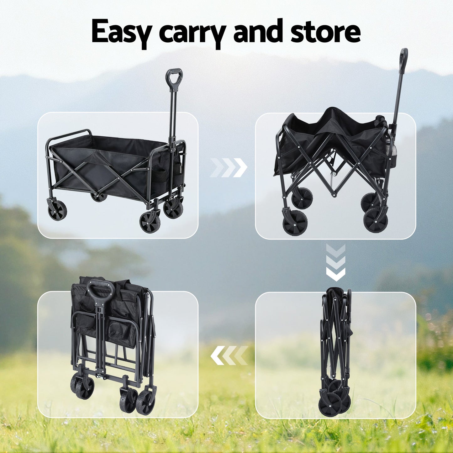 Black folding garden cart trolley with adjustable handle and fabric bag