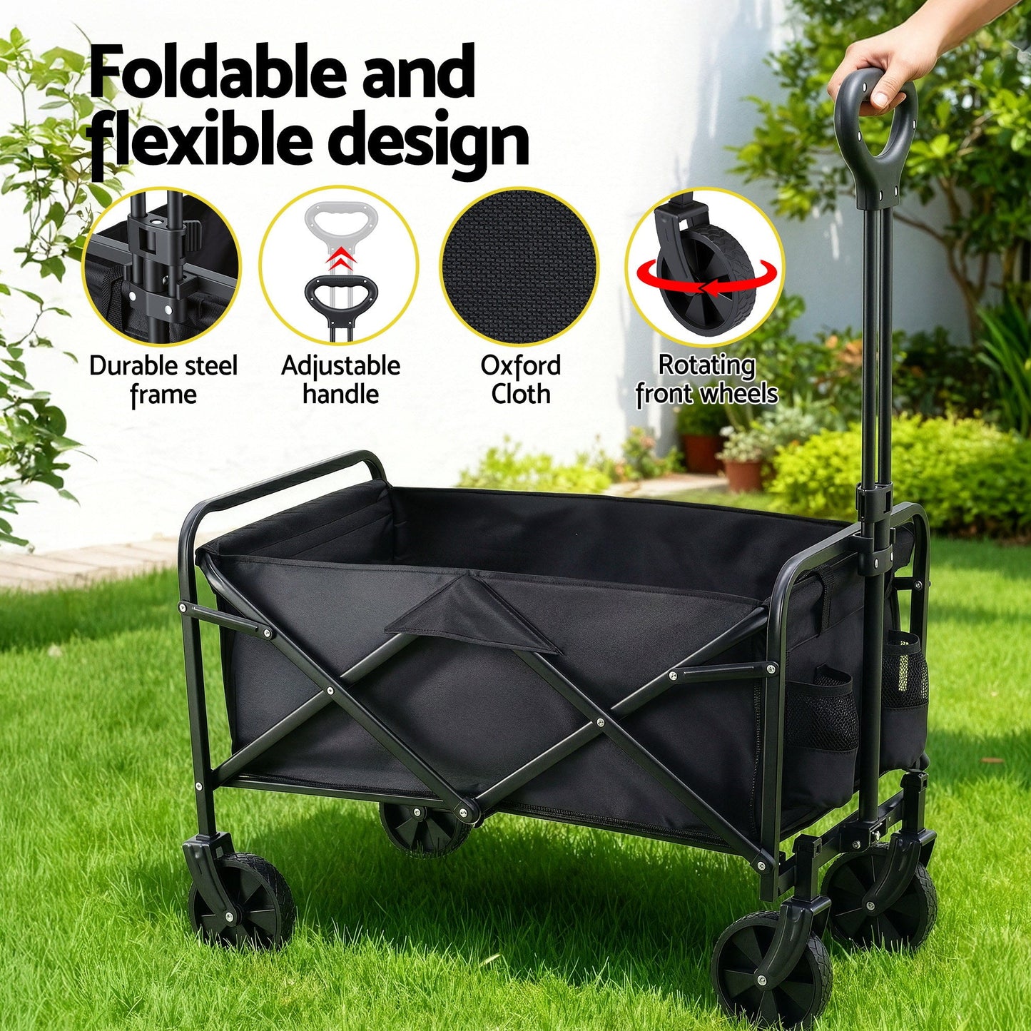 Black folding garden cart trolley with adjustable handle and fabric bag