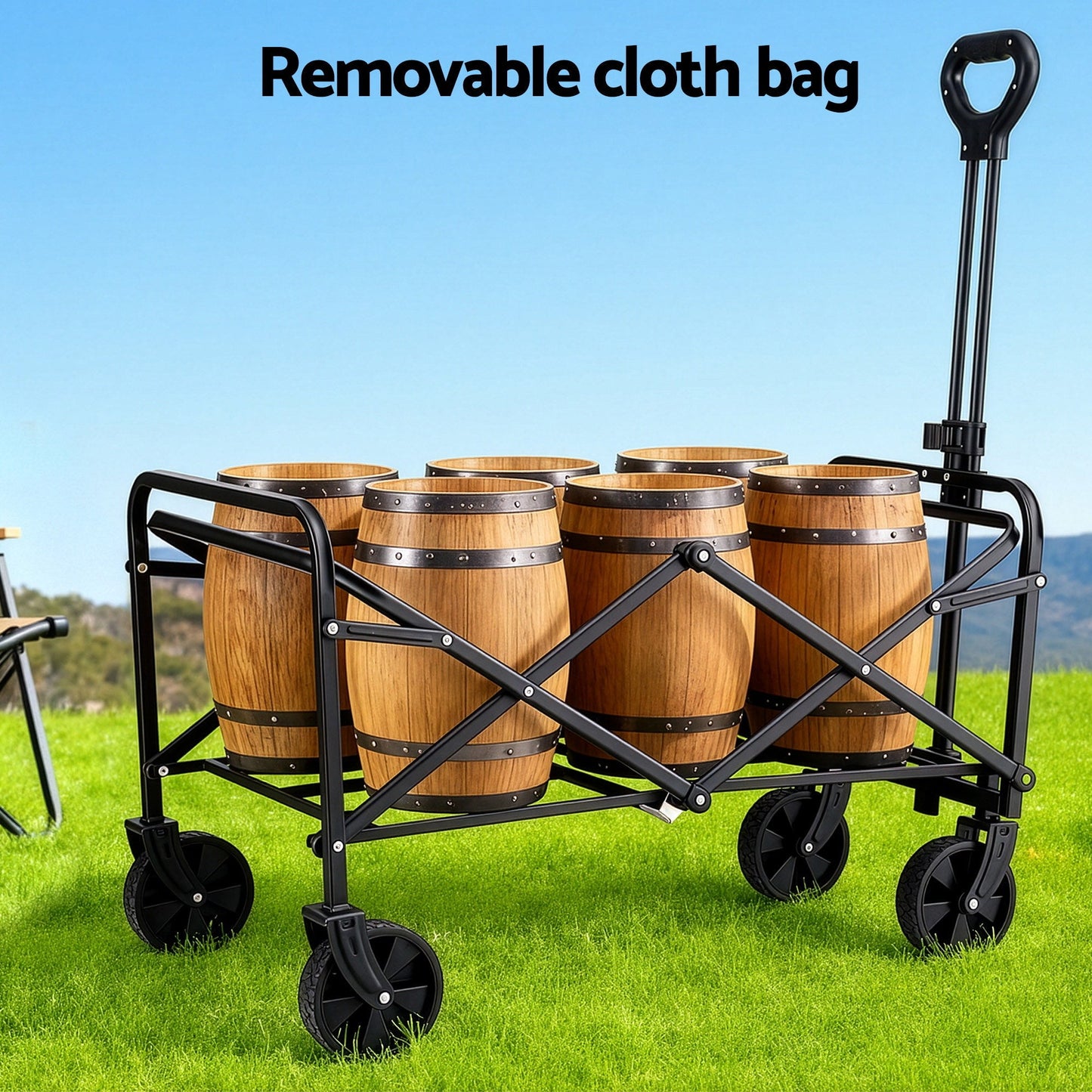 Black folding garden cart trolley with adjustable handle and fabric bag