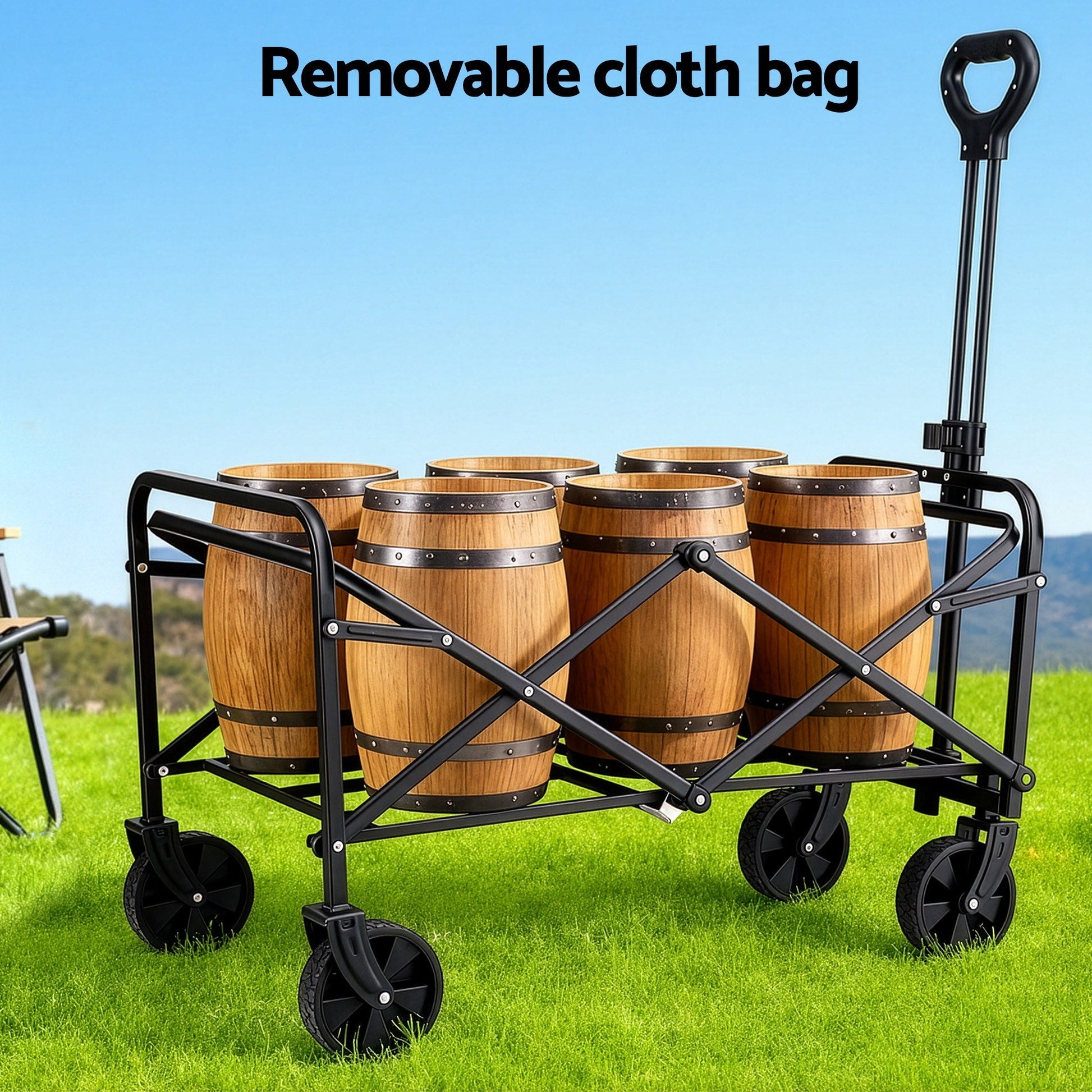 Black folding garden cart trolley with adjustable handle and fabric bag