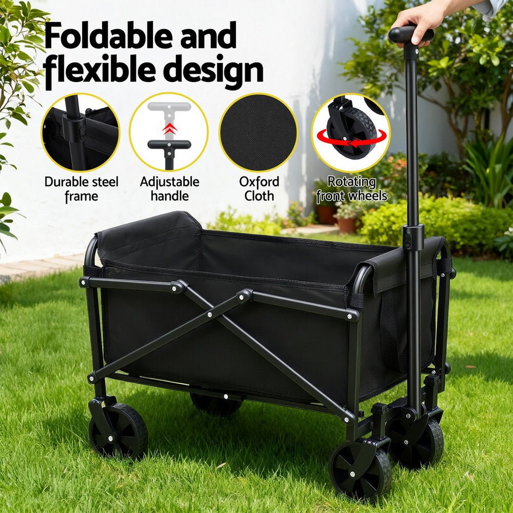 Black folding garden trolley cart with pull handle and fabric carry bag