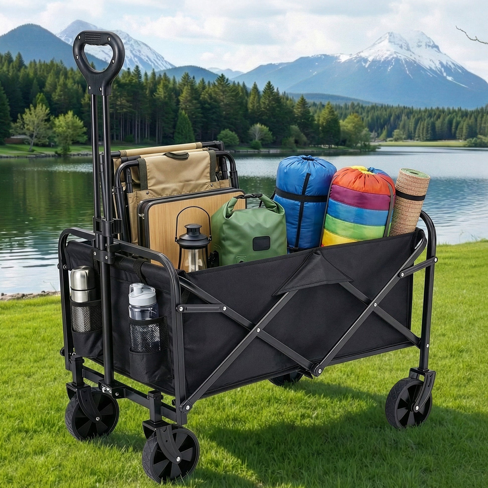 Black folding garden cart trolley with adjustable handle and fabric bag