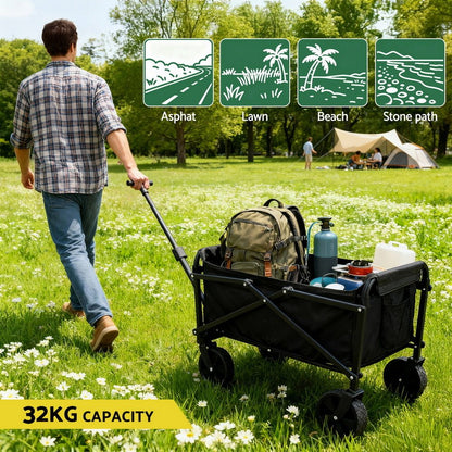Black folding garden trolley cart with pull handle and fabric carry bag