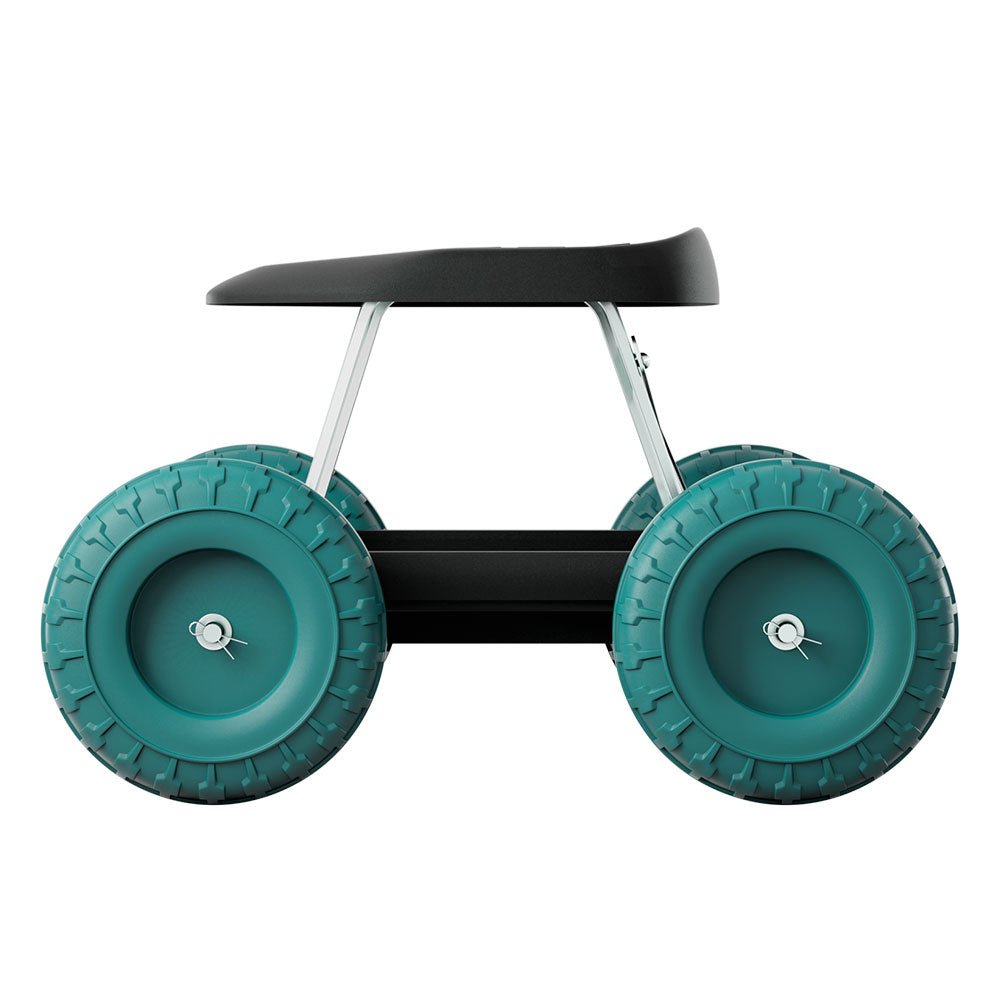 Rolling garden stool with wheels and plastic seat for outdoor work