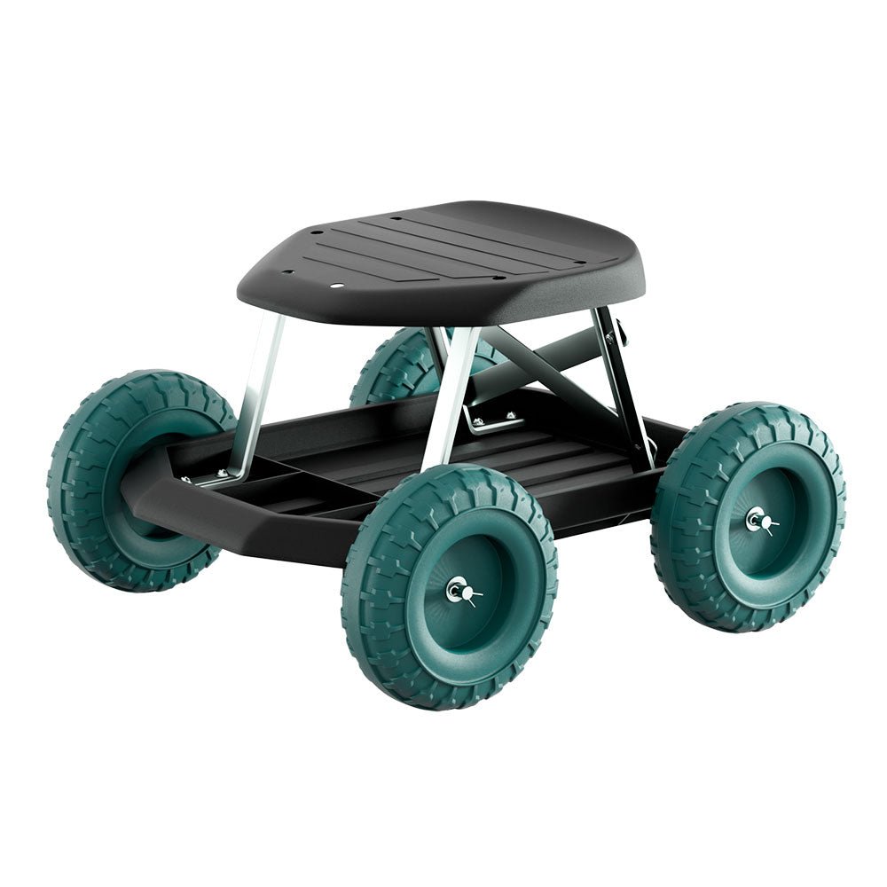 Rolling garden stool with wheels and plastic seat for outdoor work