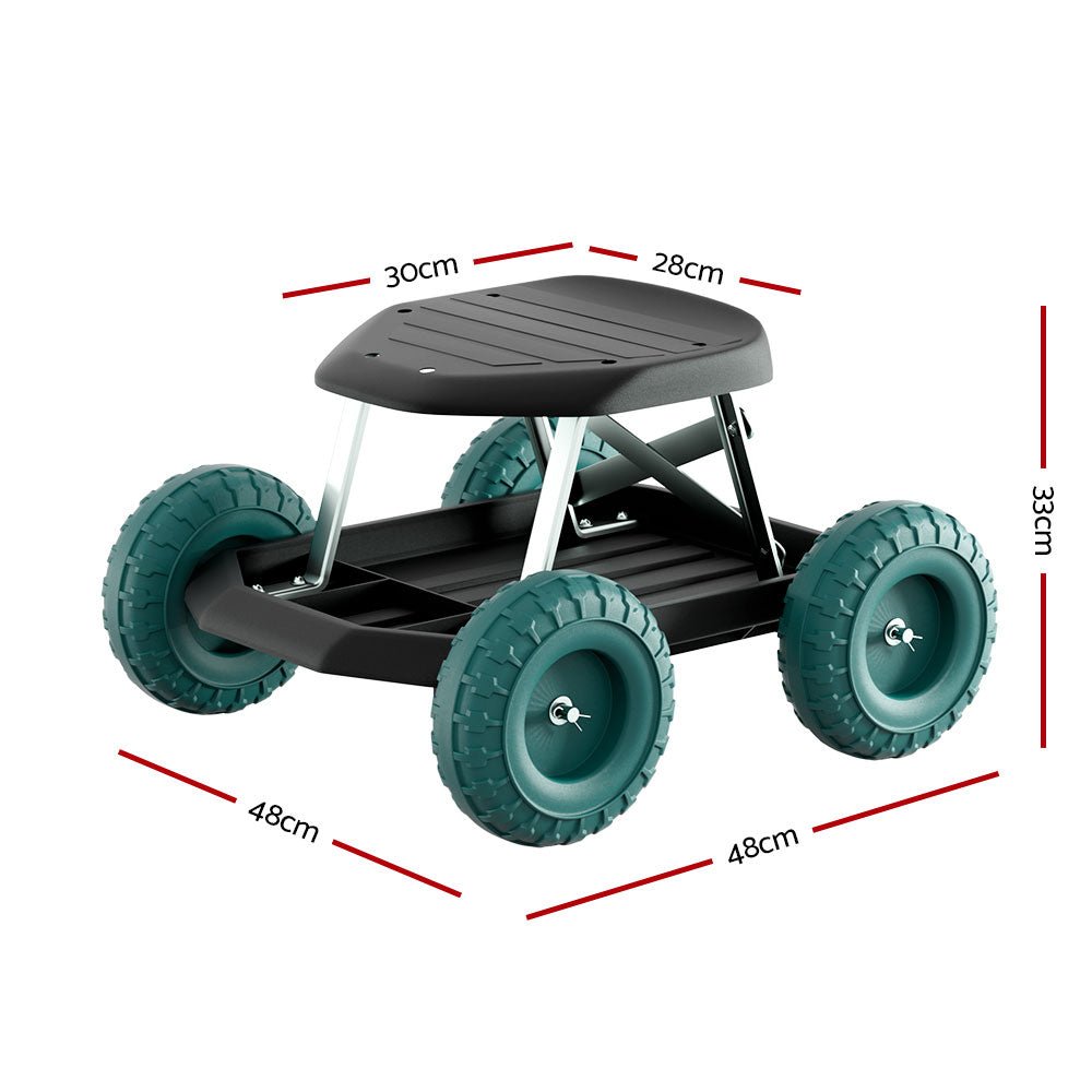 Rolling garden stool with wheels and plastic seat for outdoor work