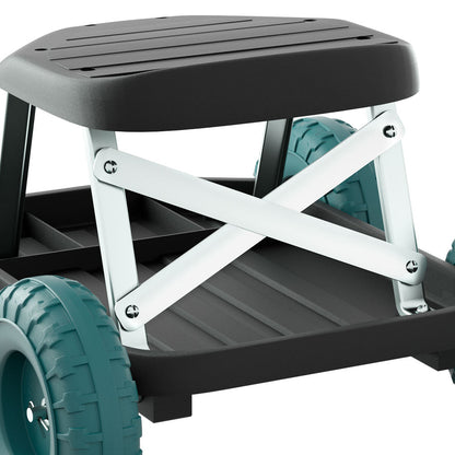 Rolling garden stool with wheels and plastic seat for outdoor work