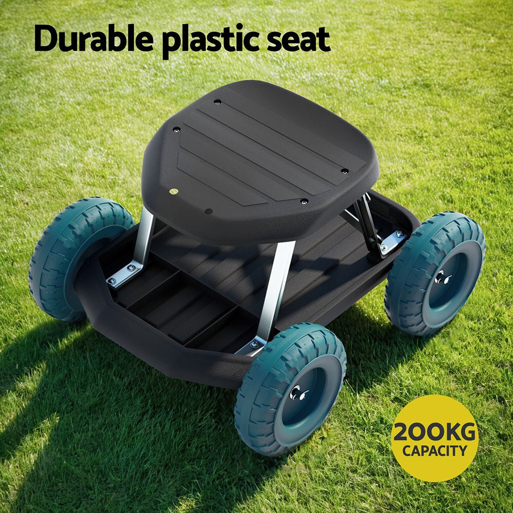 Rolling garden stool with wheels and plastic seat for outdoor work