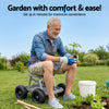 Grey and black rolling garden work seat with wheels and tool tray