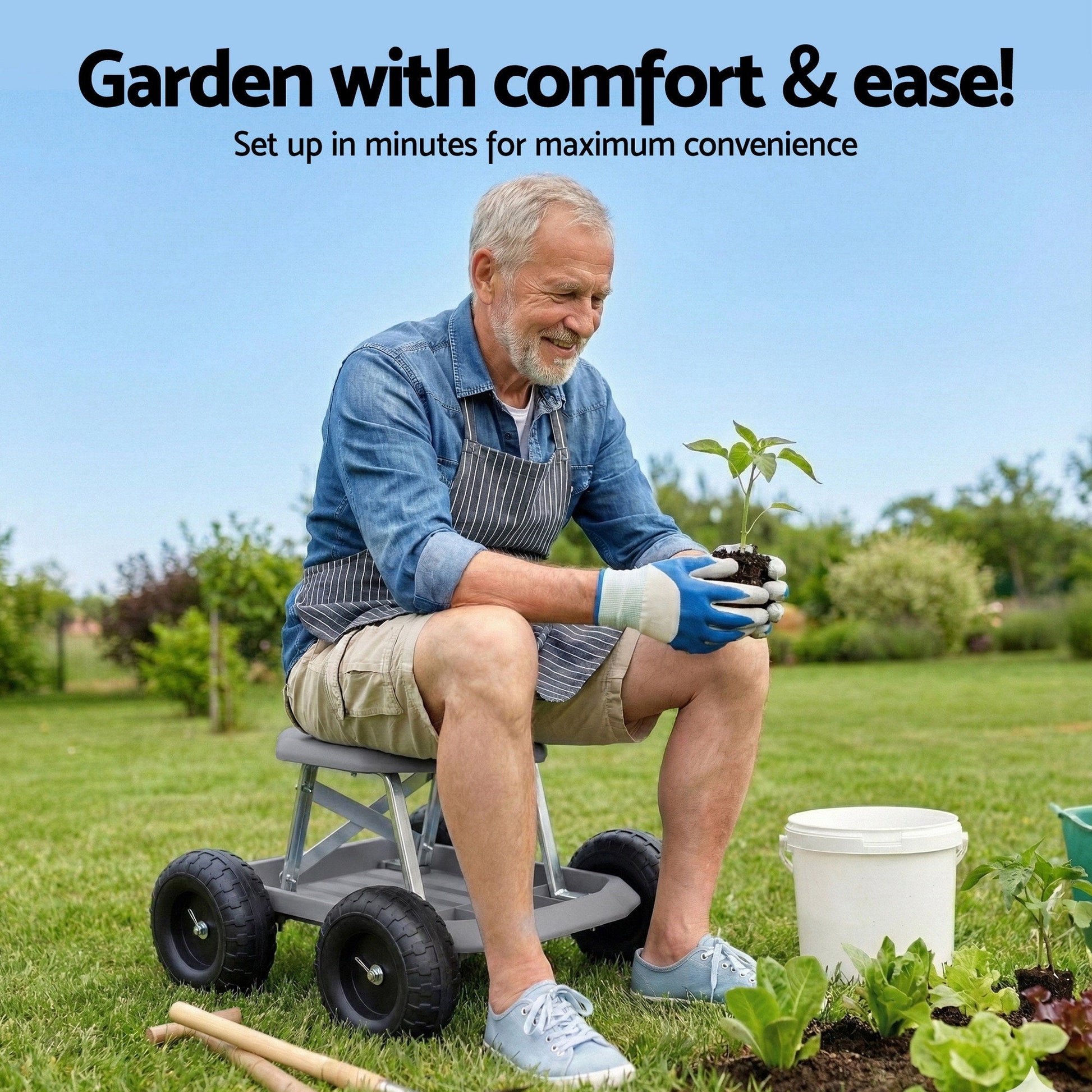 Grey and black rolling garden work seat with wheels and tool tray
